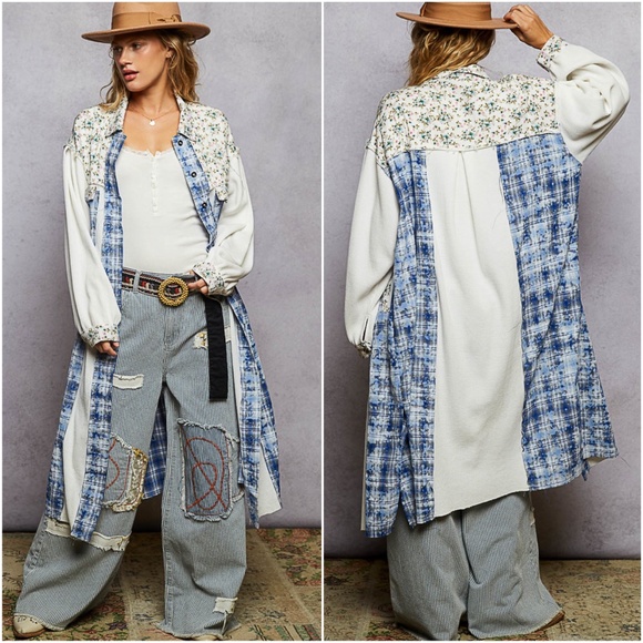 POL Ivory Plaid Floral Print Button Down Long Sleeve Jacket Shacket - Picture 1 of 3
